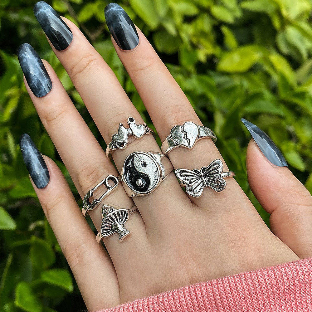 Hiphop Vintage Rings Set for Women Men Aesthatic Retro Punk Silver Plated Heart Flower Butterfly Chain Finger Ring Jewelry 2022 - No.23 54857