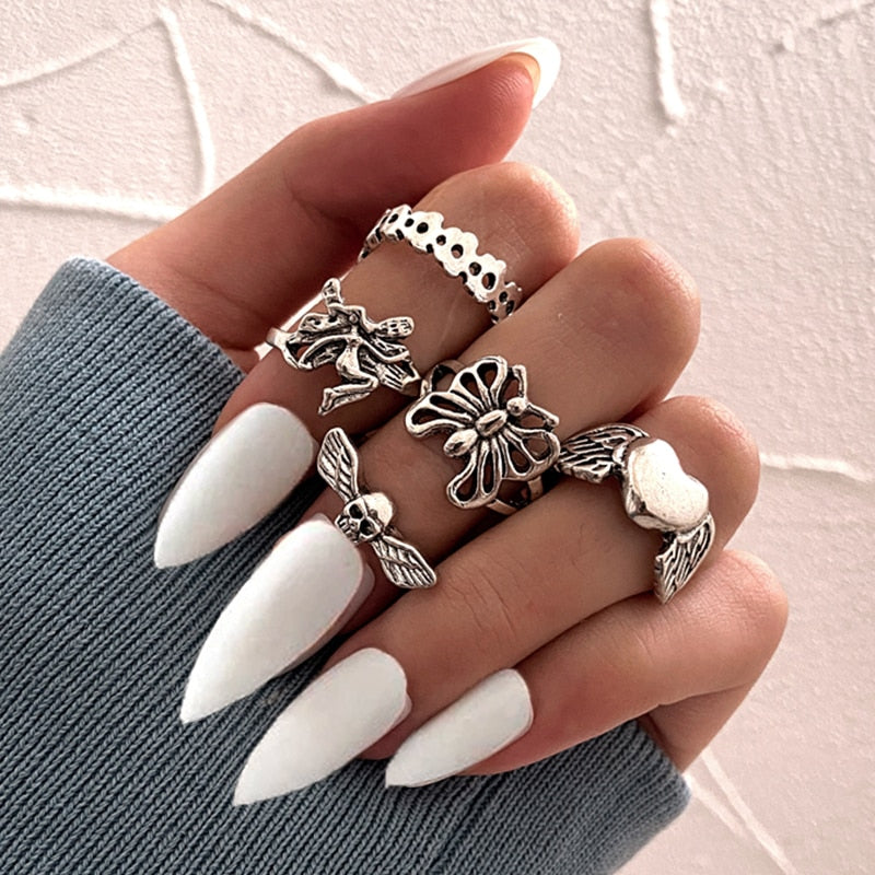 Hiphop Vintage Rings Set for Women Men Aesthatic Retro Punk Silver Plated Heart Flower Butterfly Chain Finger Ring Jewelry 2022 - No.9 53714
