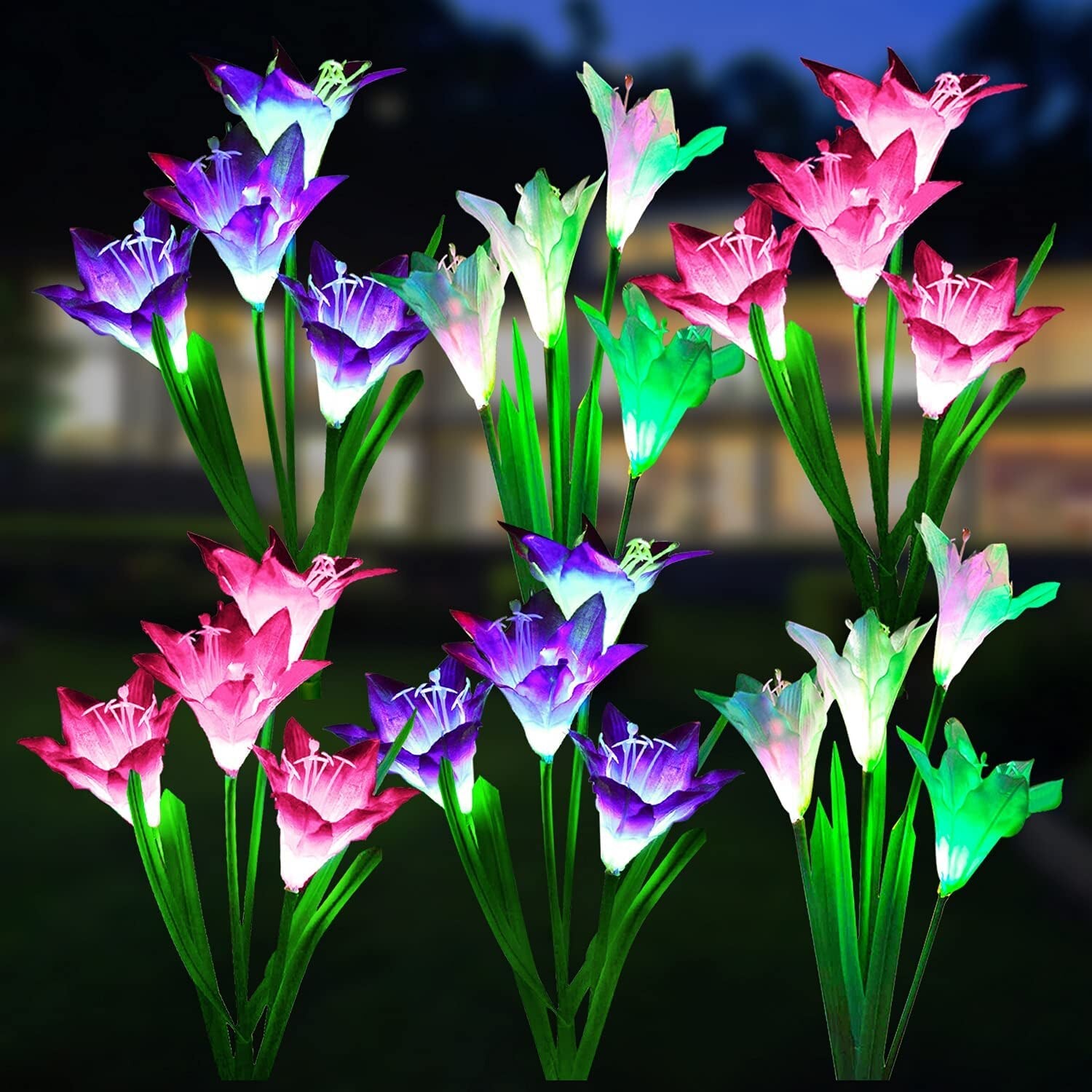 6 Pack Solar Lily Lights Waterproof 7-Color Changing Solar Garden Lights Solar Flowers Lawn Lamp for Landscape Path Yard Decor - 6 Pack / China