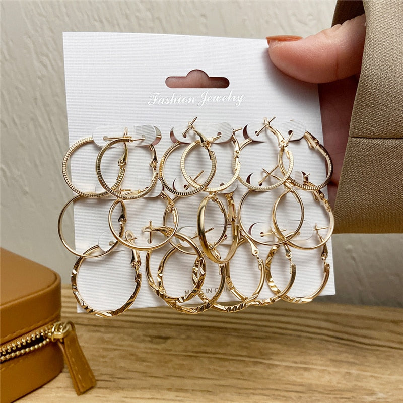 Vintage Geometry Pearl  Earring Set Heart Leopard For Women Girls Hoop Earrings Gold Color Metal Square Round  Party Jewelry - OVEJ75351