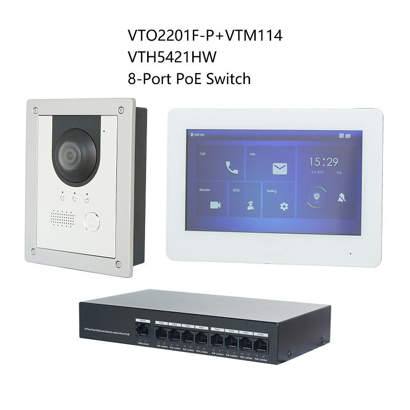 DH Multi-Language IP Video Intercom KIT,VTO2201F-P & VTH5421HW /VTH5421HB & PoE switch,support SIP, replace VTO2202F-P-S2 - Flush box White / China