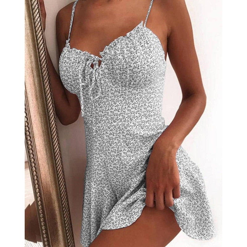 Summer Sexy Bodycon Dress Vintage Mini Dresses Floral Sundress White Clothes For Women 2022 Fashion Woman's Clothing - Gray / M