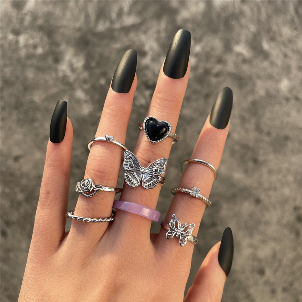 Hiphop Vintage Rings Set for Women Men Aesthatic Retro Punk Silver Plated Heart Flower Butterfly Chain Finger Ring Jewelry 2022 - No.46 54624
