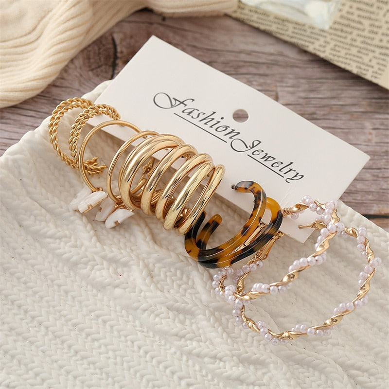 Vintage Geometry Pearl  Earring Set Heart Leopard For Women Girls Hoop Earrings Gold Color Metal Square Round  Party Jewelry - OV54732