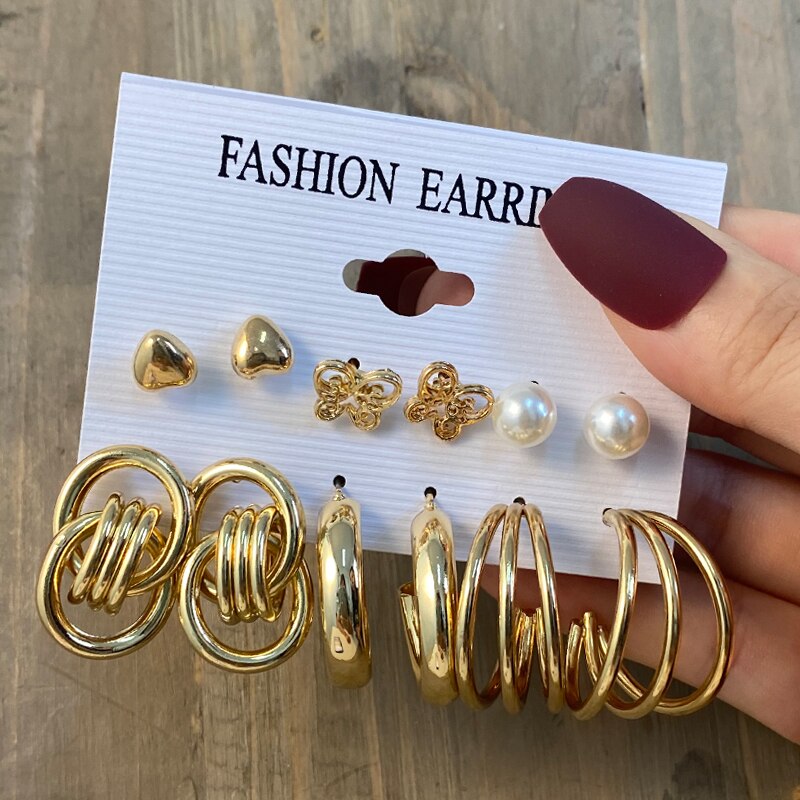 Vintage Geometry Pearl  Earring Set Heart Leopard For Women Girls Hoop Earrings Gold Color Metal Square Round  Party Jewelry - OV54908