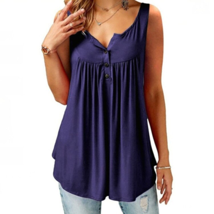 S-6XL Oversized T-shirt Women Loose Casual Sleeveless Female  Pleated Solid Tank Top Woman's Clothing Streetwear 2022 Summer New - deep purple / XL