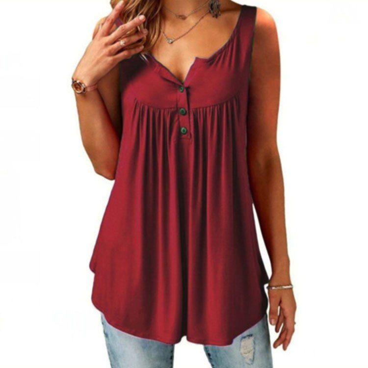 S-6XL Oversized T-shirt Women Loose Casual Sleeveless Female  Pleated Solid Tank Top Woman's Clothing Streetwear 2022 Summer New - wine red / 6XL