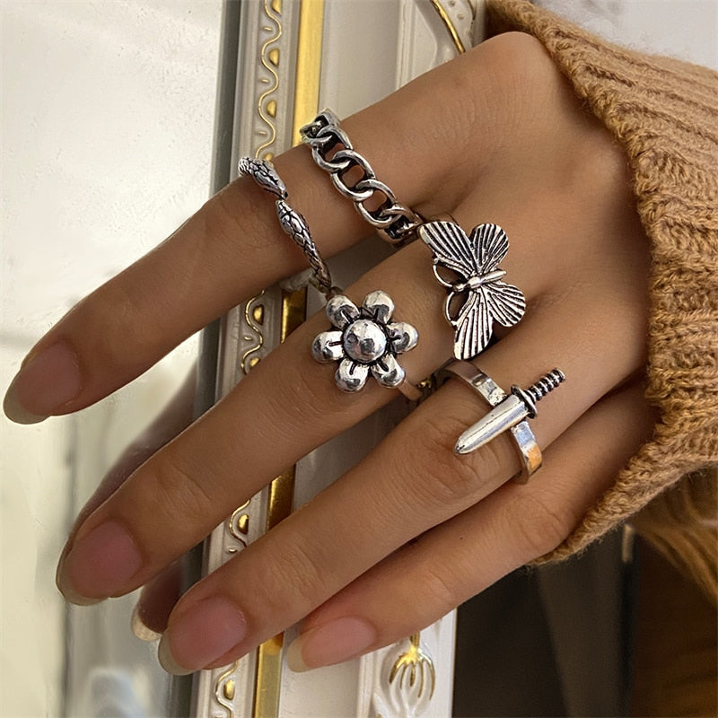 Hiphop Vintage Rings Set for Women Men Aesthatic Retro Punk Silver Plated Heart Flower Butterfly Chain Finger Ring Jewelry 2022 - No.12 54608