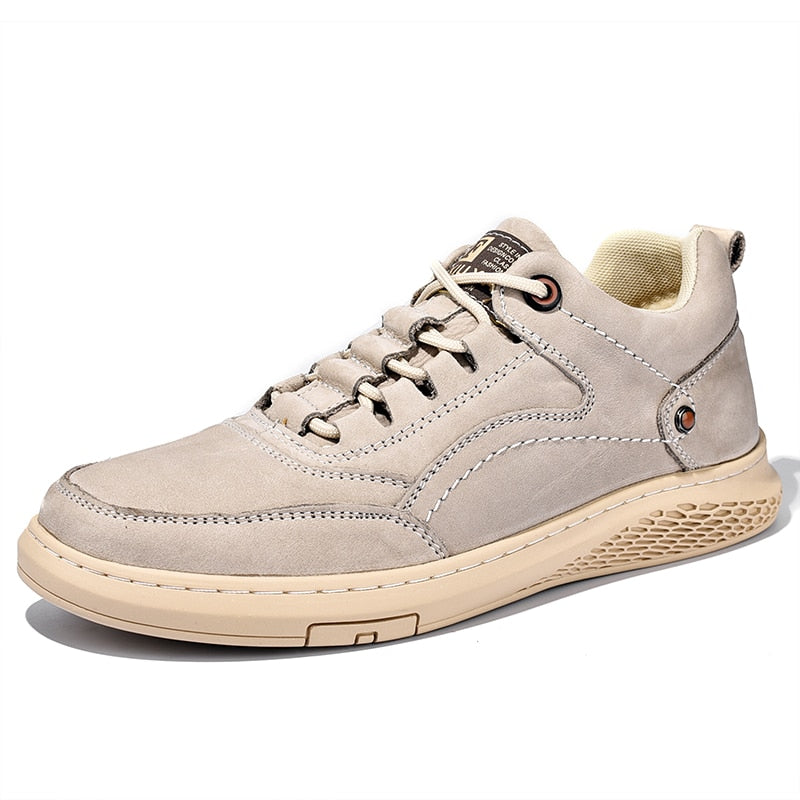 Men's genuine Leather Shoess lace up Trend Comfortable Men Shoes outdoor British Fashion Men High Top Sneakers Moccasins Men - beige / 8