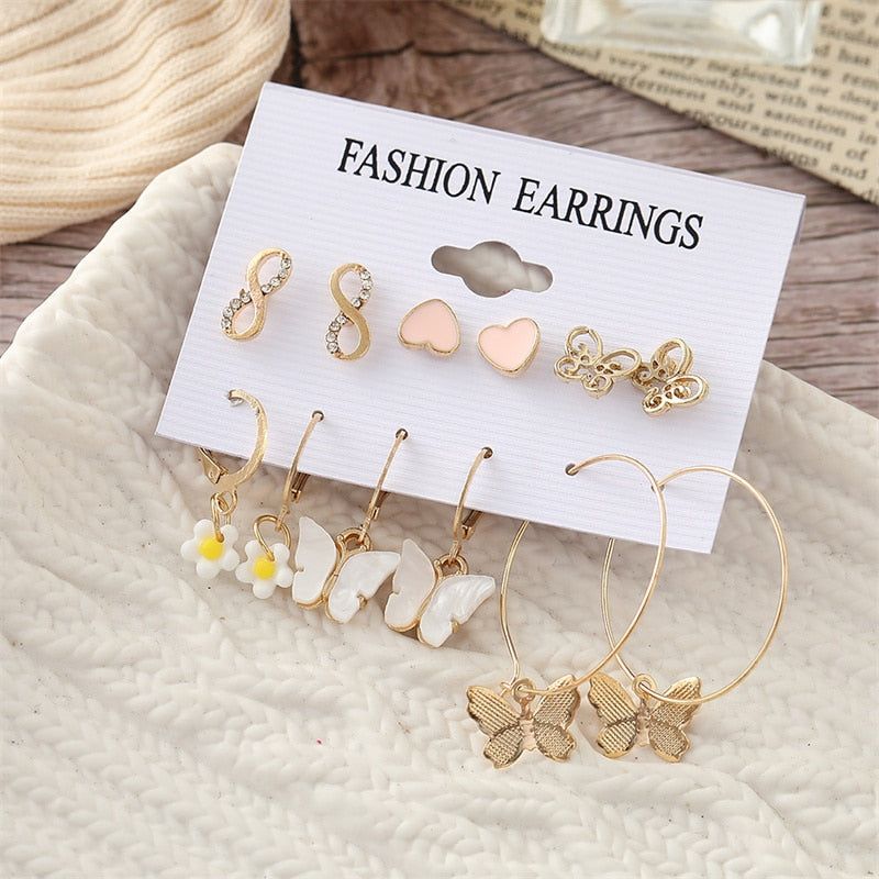 Vintage Geometry Pearl  Earring Set Heart Leopard For Women Girls Hoop Earrings Gold Color Metal Square Round  Party Jewelry - OV54423