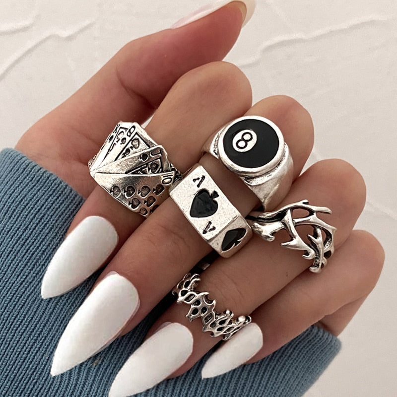 Hiphop Vintage Rings Set for Women Men Aesthatic Retro Punk Silver Plated Heart Flower Butterfly Chain Finger Ring Jewelry 2022 - No.17 54404