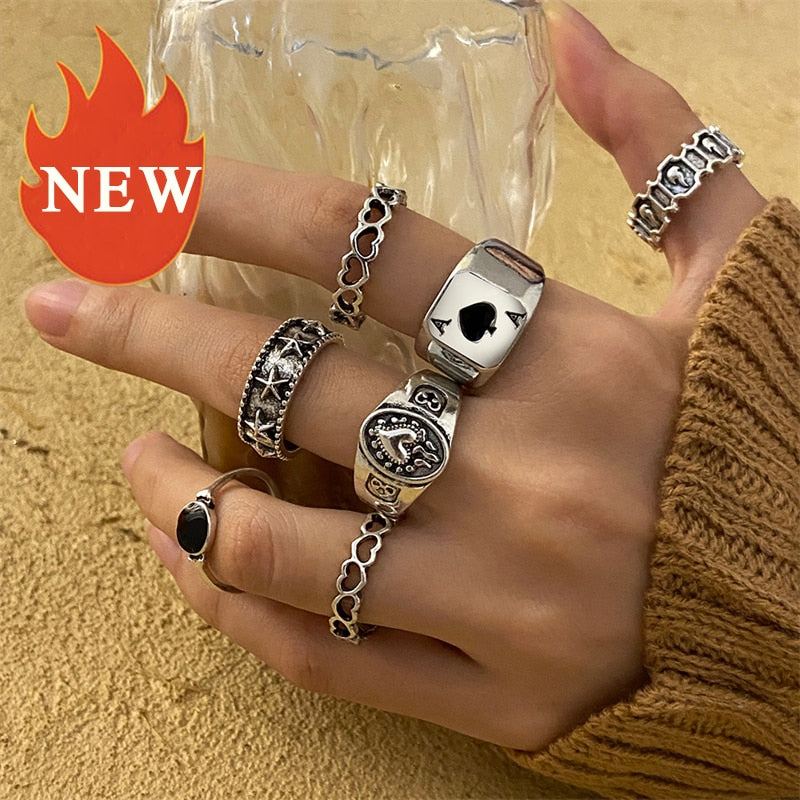 Hiphop Vintage Rings Set for Women Men Aesthatic Retro Punk Silver Plated Heart Flower Butterfly Chain Finger Ring Jewelry 2022 - NEW No.51 54607