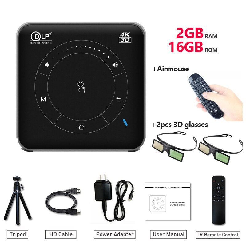 Vivicine P11 Newest Smart Pocket Mobile 3D Mini Projector,Support Miracast Airplay Wifi Home Video Proyector Beamer - 16G airmouse glasses