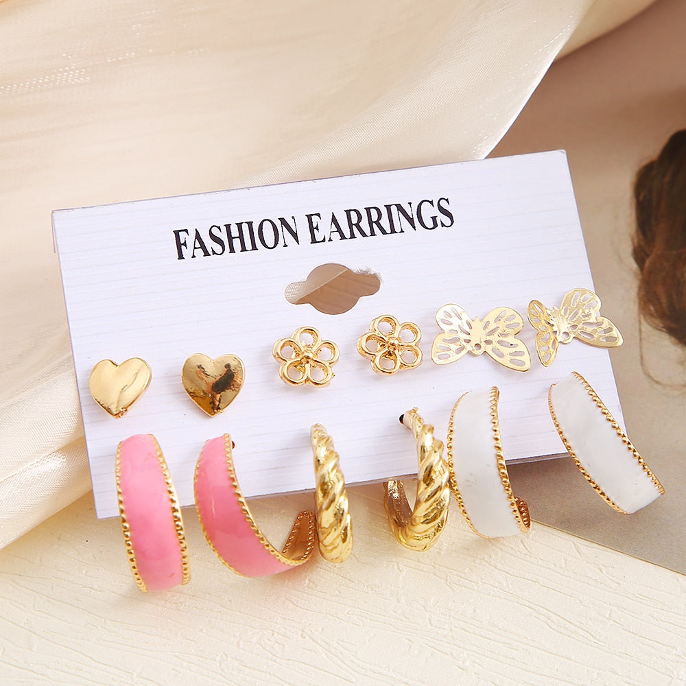 Vintage Geometry Pearl  Earring Set Heart Leopard For Women Girls Hoop Earrings Gold Color Metal Square Round  Party Jewelry - 5550701