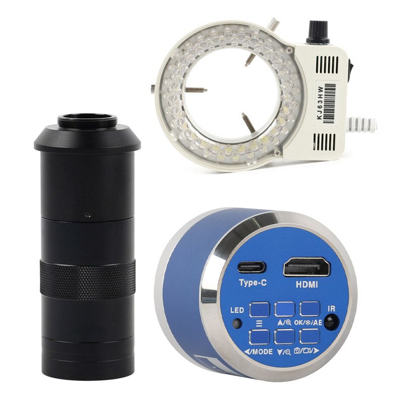 12MP 4K UHD HDMI Industry Video Microscope Camera Zoom Cmount Lens For Machine PCB Board CPU Repair Soldering Measurement - With 100X Lens Light