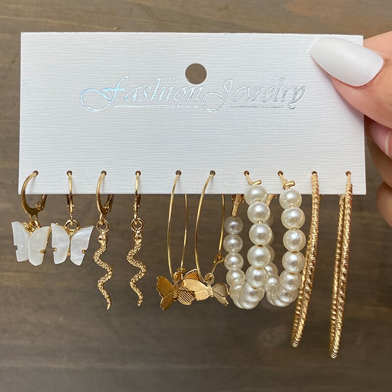 Vintage Geometry Pearl  Earring Set Heart Leopard For Women Girls Hoop Earrings Gold Color Metal Square Round  Party Jewelry - OV53674