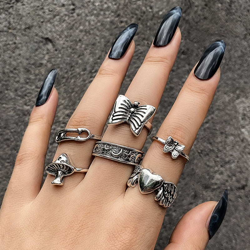 Hiphop Vintage Rings Set for Women Men Aesthatic Retro Punk Silver Plated Heart Flower Butterfly Chain Finger Ring Jewelry 2022 - No.11 54646