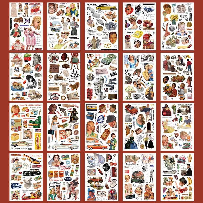 Journamm 20sheets/pack Vintage Washi Stickers Book for Deco Scrapbooking DIY Creative Stationery Junk Journal Deco Label Sticker - F