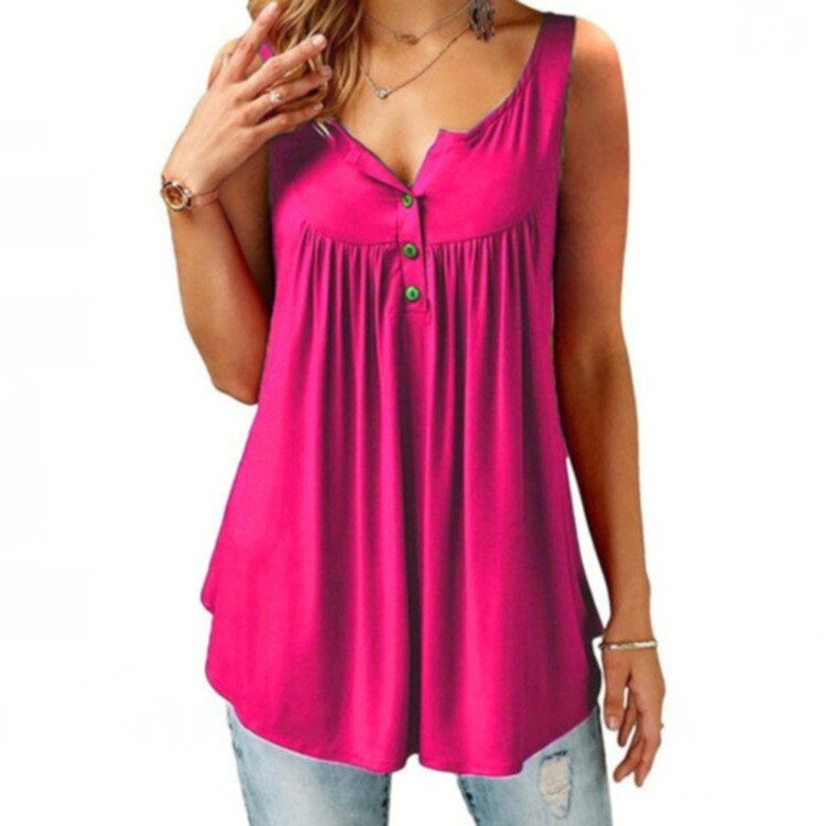 S-6XL Oversized T-shirt Women Loose Casual Sleeveless Female  Pleated Solid Tank Top Woman's Clothing Streetwear 2022 Summer New - rose red / XL