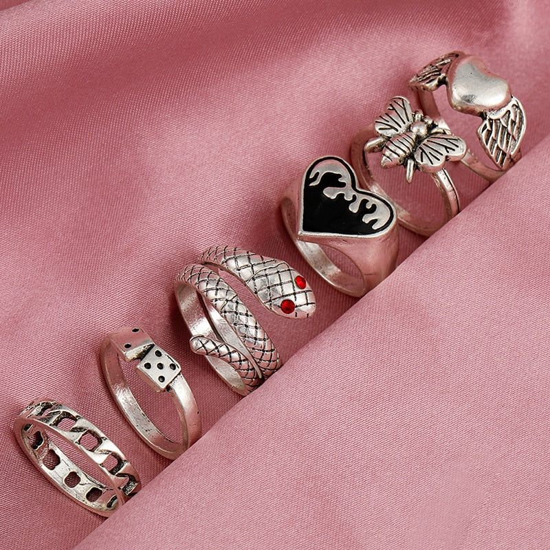 Hiphop Vintage Rings Set for Women Men Aesthatic Retro Punk Silver Plated Heart Flower Butterfly Chain Finger Ring Jewelry 2022 - No.37 54167