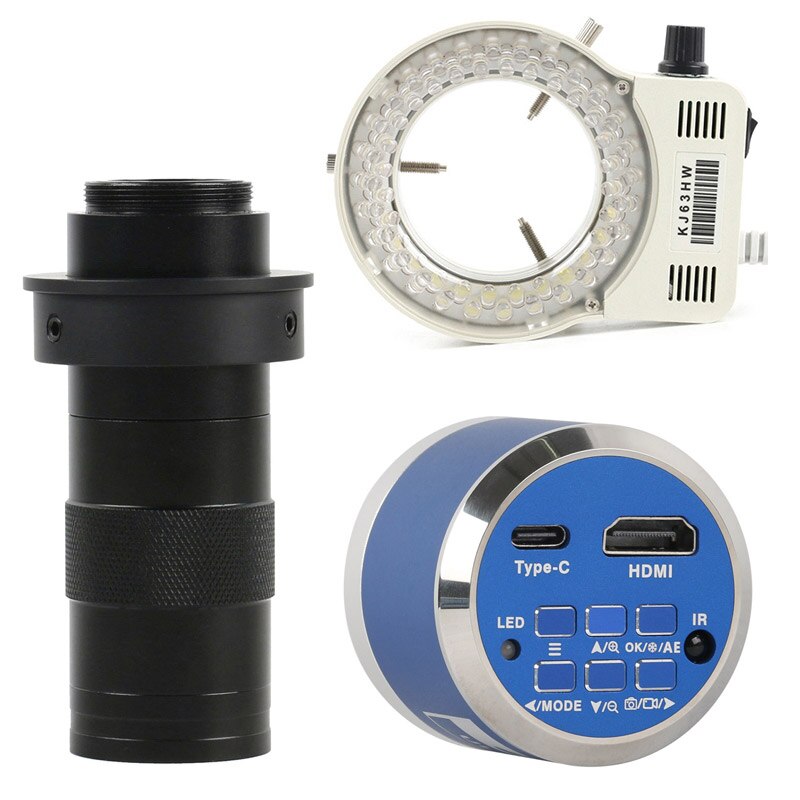 12MP 4K UHD HDMI Industry Video Microscope Camera Zoom Cmount Lens For Machine PCB Board CPU Repair Soldering Measurement - With 130X Lens Light