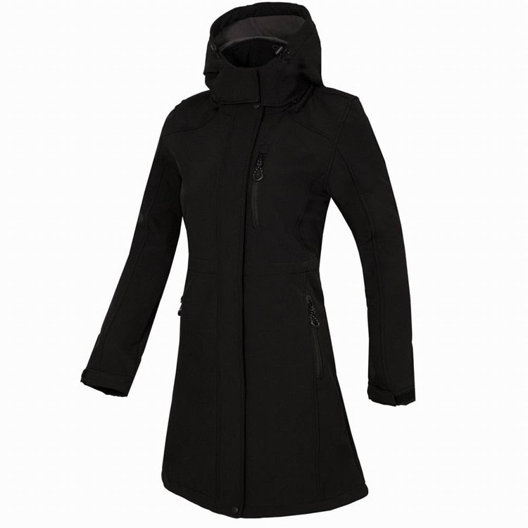TRVLWEGO Woman's Outdoor Long Style Fleece Hiking Camping Trekking Casual Sports Hooded Jacket Windbreaker Soft Shell Clothing - Black / Asian size M