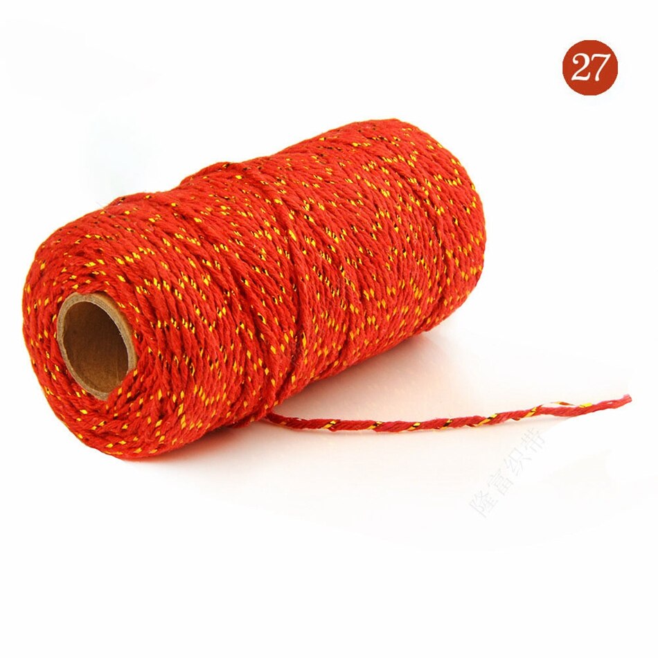 2mm 100M Colorful Thread Cord Handmade Crafts DIY Beige Twisted Cotton Macrame Cord Twine Rope String Home Textile Decoration - A27 gold Red