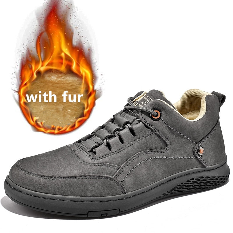 Men's genuine Leather Shoess lace up Trend Comfortable Men Shoes outdoor British Fashion Men High Top Sneakers Moccasins Men - black fur / 7