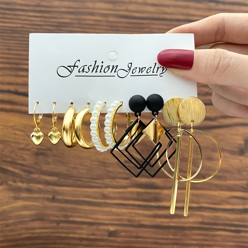 Vintage Geometry Pearl  Earring Set Heart Leopard For Women Girls Hoop Earrings Gold Color Metal Square Round  Party Jewelry - OV54677