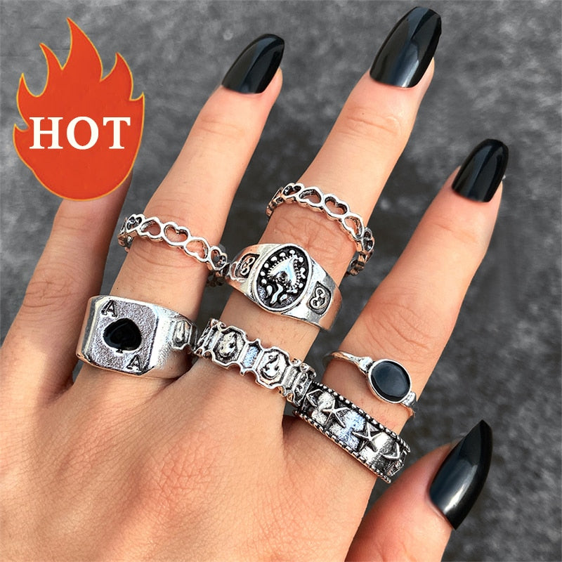 Hiphop Vintage Rings Set for Women Men Aesthatic Retro Punk Silver Plated Heart Flower Butterfly Chain Finger Ring Jewelry 2022 - HOT No.2 54607