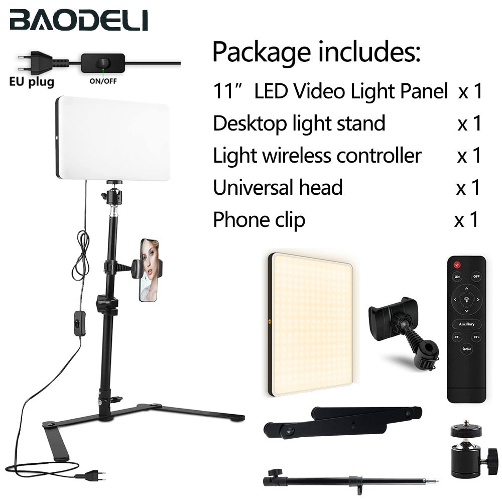 LED Fill Lamp Video Light Panel Bi-color 2700k-5700k Photography Lighting Live Stream Photo Studio Light With Stand EU Plug - Table stand and clip / Russian Federation