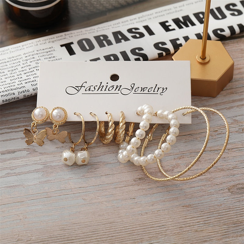 Vintage Geometry Pearl  Earring Set Heart Leopard For Women Girls Hoop Earrings Gold Color Metal Square Round  Party Jewelry - OV54733