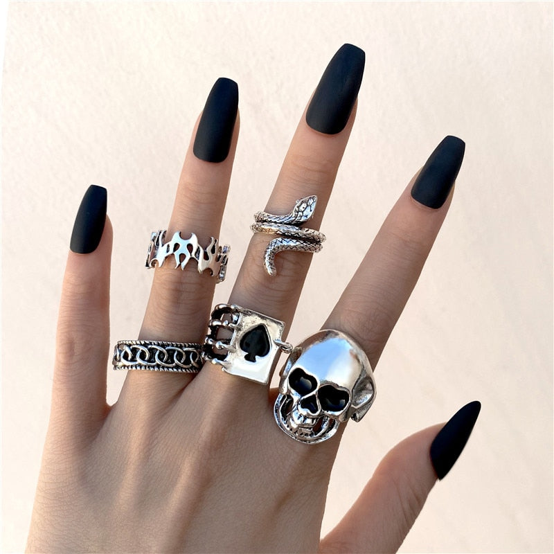 Hiphop Vintage Rings Set for Women Men Aesthatic Retro Punk Silver Plated Heart Flower Butterfly Chain Finger Ring Jewelry 2022 - No.42 54923