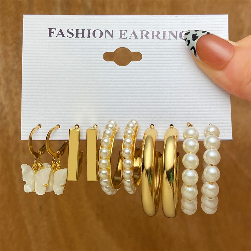 Vintage Geometry Pearl  Earring Set Heart Leopard For Women Girls Hoop Earrings Gold Color Metal Square Round  Party Jewelry - OV54782