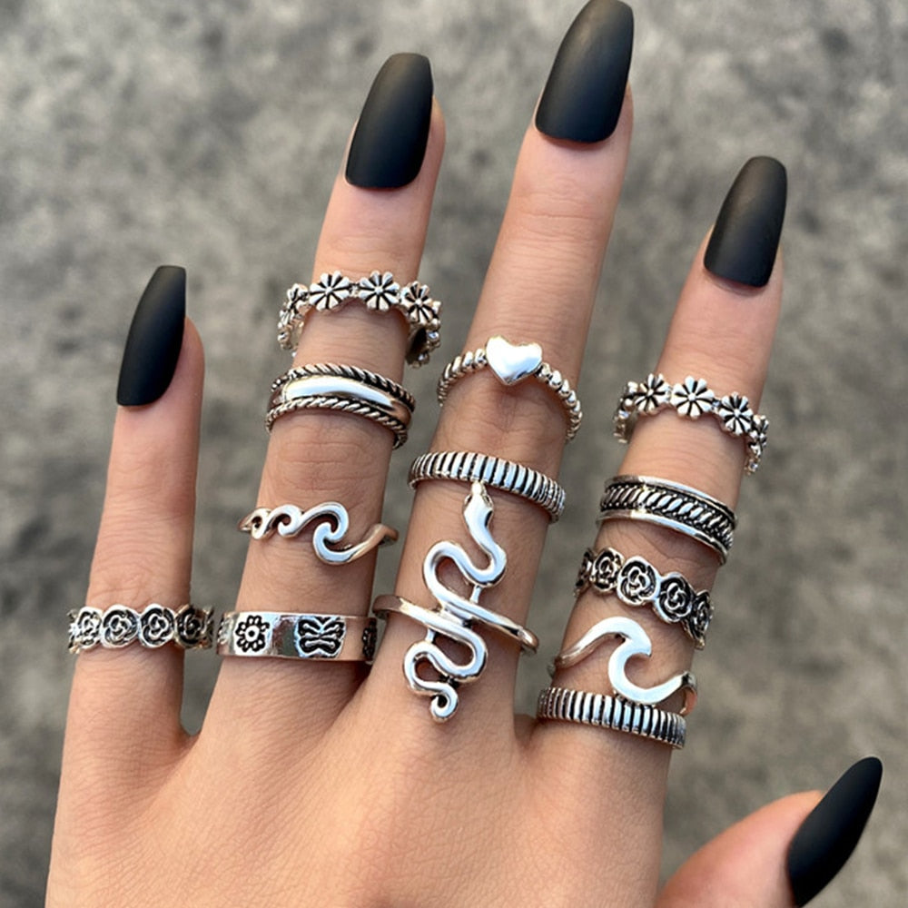Hiphop Vintage Rings Set for Women Men Aesthatic Retro Punk Silver Plated Heart Flower Butterfly Chain Finger Ring Jewelry 2022 - No.40 54439