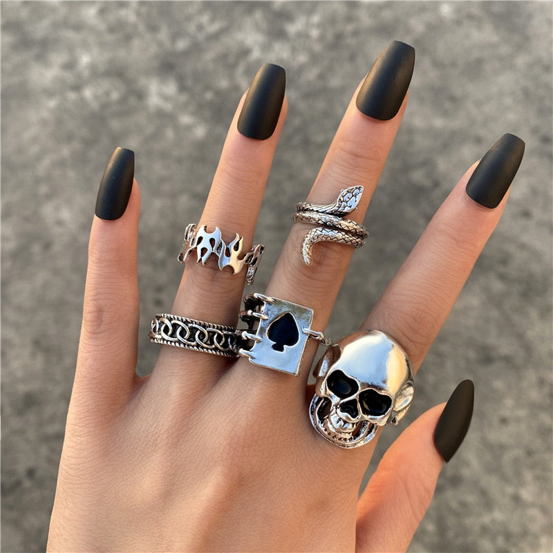 Hiphop Vintage Rings Set for Women Men Aesthatic Retro Punk Silver Plated Heart Flower Butterfly Chain Finger Ring Jewelry 2022 - No.27 54923
