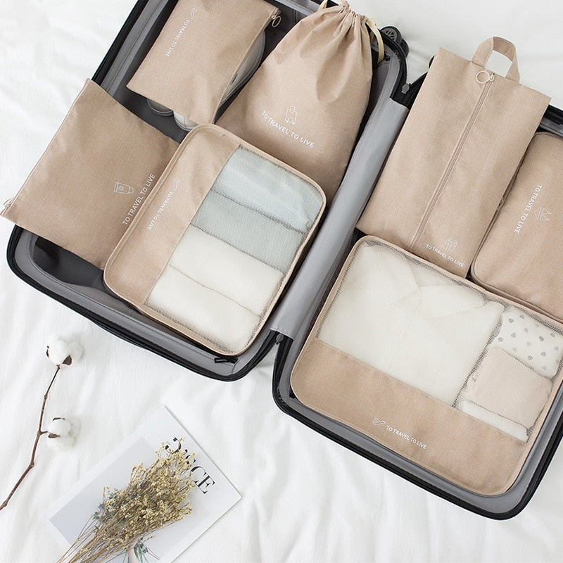 High quality 7PCS/set Travel Bag Set Women Men Luggage Organizer for Clothes Shoe Waterproof Packing Cube Portable Clothing - Khaki