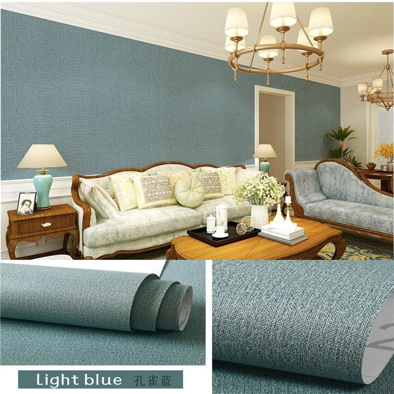Cloth Wallpaper Self Adhesive  PVC Plain Living Room Linen  Renovation Sticker TV Background Vinyl Contact Paper Home Decor - Burlap Light blue / 60 x 100 cm / China