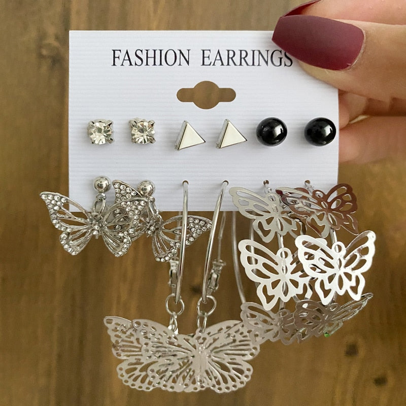 Vintage Geometry Pearl  Earring Set Heart Leopard For Women Girls Hoop Earrings Gold Color Metal Square Round  Party Jewelry - 55572