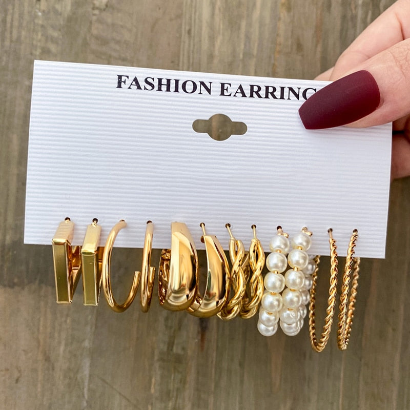 Vintage Geometry Pearl  Earring Set Heart Leopard For Women Girls Hoop Earrings Gold Color Metal Square Round  Party Jewelry - OV55213