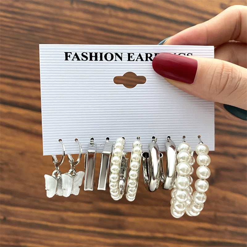 Vintage Geometry Pearl  Earring Set Heart Leopard For Women Girls Hoop Earrings Gold Color Metal Square Round  Party Jewelry - OV5478225