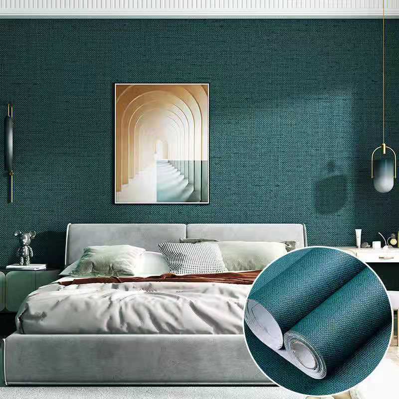 Cloth Wallpaper Self Adhesive  PVC Plain Living Room Linen  Renovation Sticker TV Background Vinyl Contact Paper Home Decor - Burlap Peacock Blue / 60 x 300 cm / China