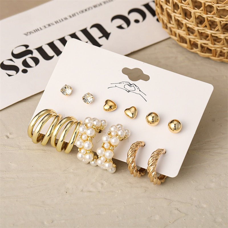 Vintage Geometry Pearl  Earring Set Heart Leopard For Women Girls Hoop Earrings Gold Color Metal Square Round  Party Jewelry - OV54047