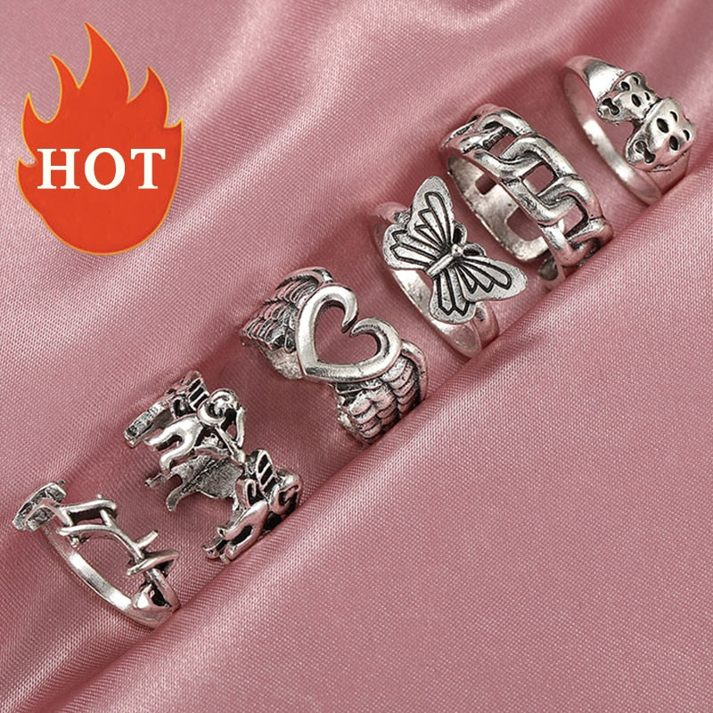 Hiphop Vintage Rings Set for Women Men Aesthatic Retro Punk Silver Plated Heart Flower Butterfly Chain Finger Ring Jewelry 2022 - No.6 53877