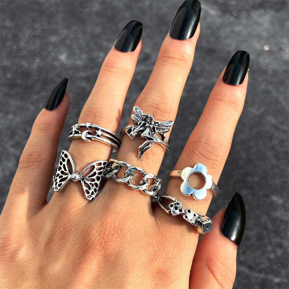 Hiphop Vintage Rings Set for Women Men Aesthatic Retro Punk Silver Plated Heart Flower Butterfly Chain Finger Ring Jewelry 2022 - No.1 54544