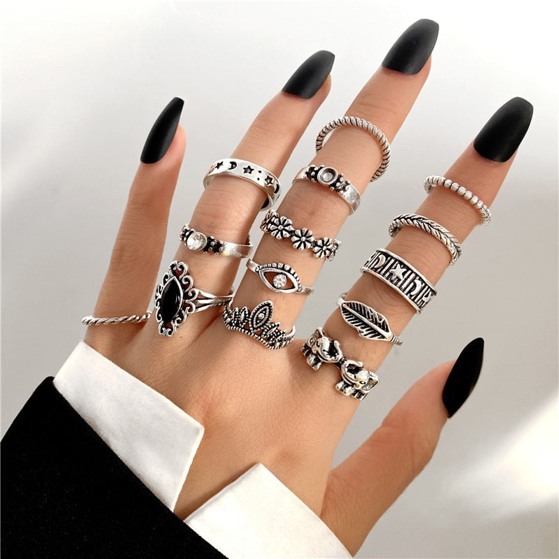 Hiphop Vintage Rings Set for Women Men Aesthatic Retro Punk Silver Plated Heart Flower Butterfly Chain Finger Ring Jewelry 2022 - No.38 55289