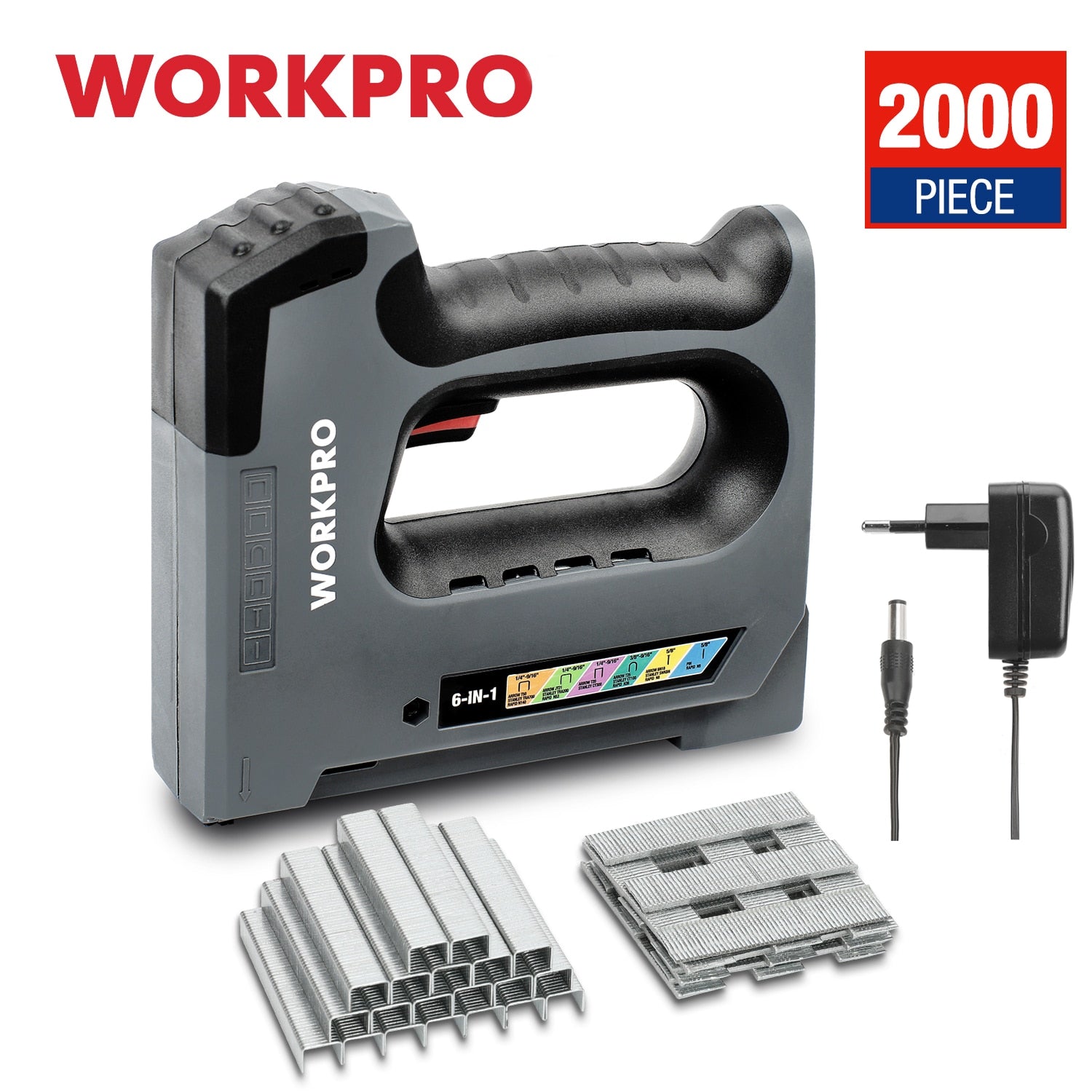WORKPRO 6 In1 3.6V Heavy Duty Staple Gun Rechargeable Cordless Tacker For House Decor Renovations Upholstery, decoration - EU PLUG / SPAIN