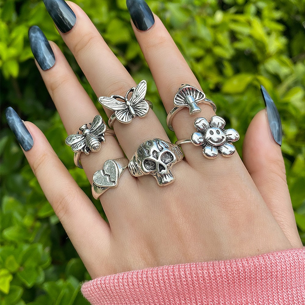 Hiphop Vintage Rings Set for Women Men Aesthatic Retro Punk Silver Plated Heart Flower Butterfly Chain Finger Ring Jewelry 2022 - No.19 54707