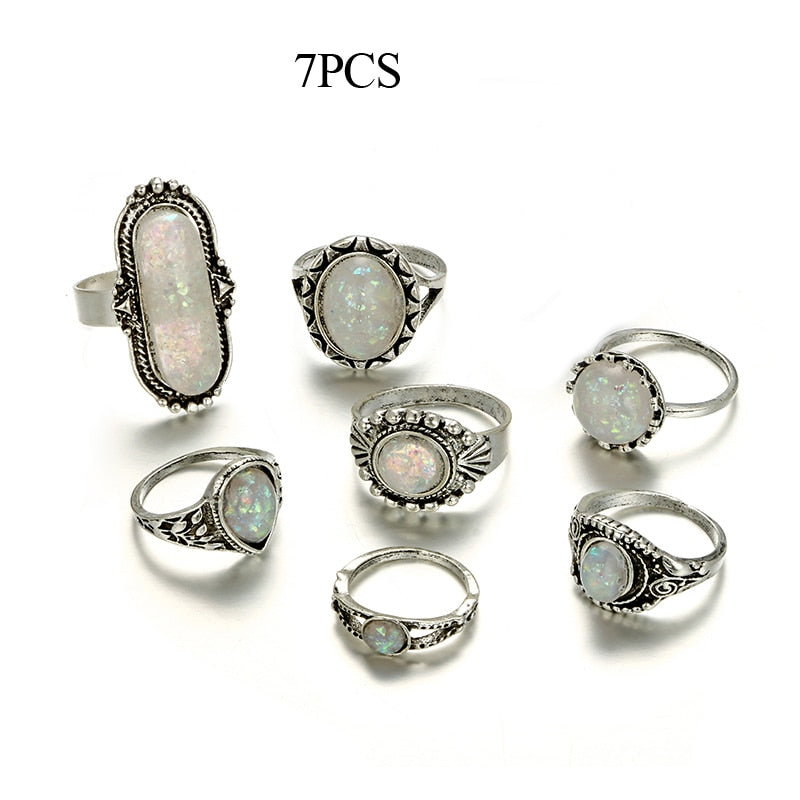 Tocona Vintage Antique Silver Color Rings Sets Colorful Opal Crystal Stone Carve for Women Men Bohemian Jewelry Anillos 6421 - 5887-silver