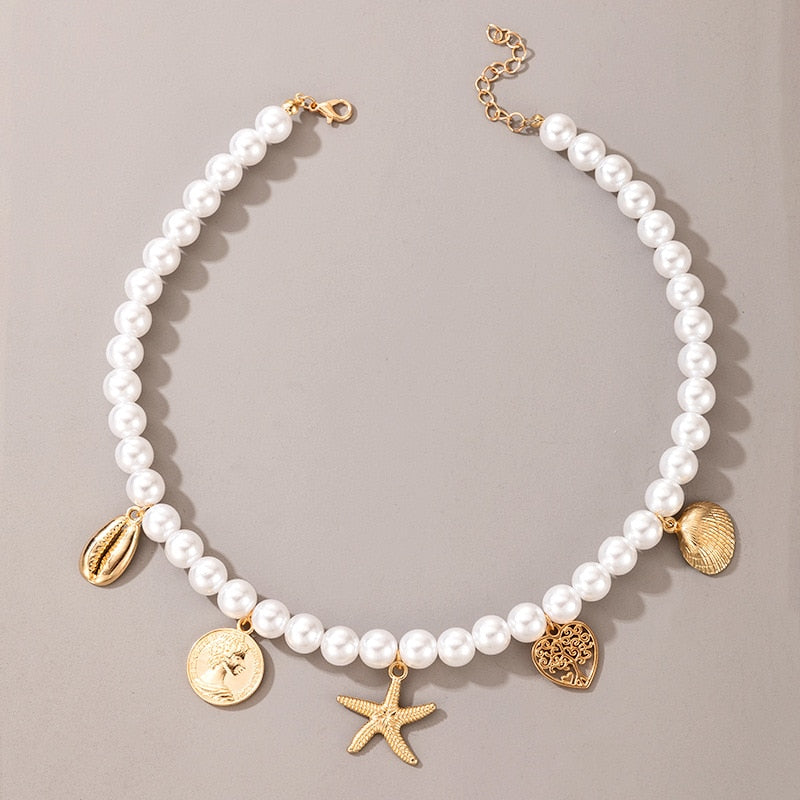 Vintage Style Simple 6MM Pearl Chain Choker Necklace For Women Wedding Love Shell Pendant Necklace Fashion Jewelry Wholesale - Shell